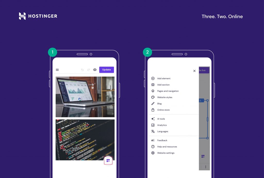 Hostinger Website Builder Mobile Editor Action Menu.