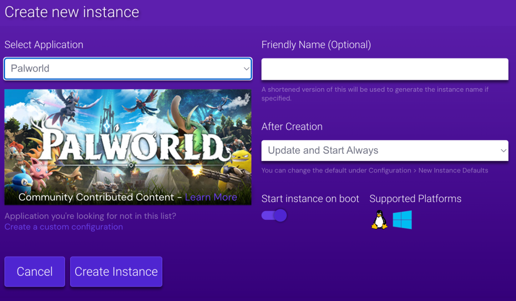 Hostinger Game Panel Palworld instance creation screen