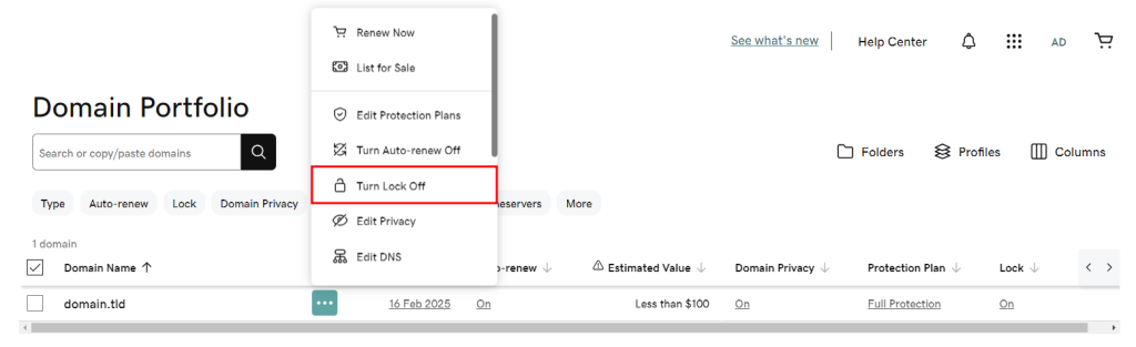 GoDaddy Domain Portfolio page, highlighting the option to deactivate domain lock