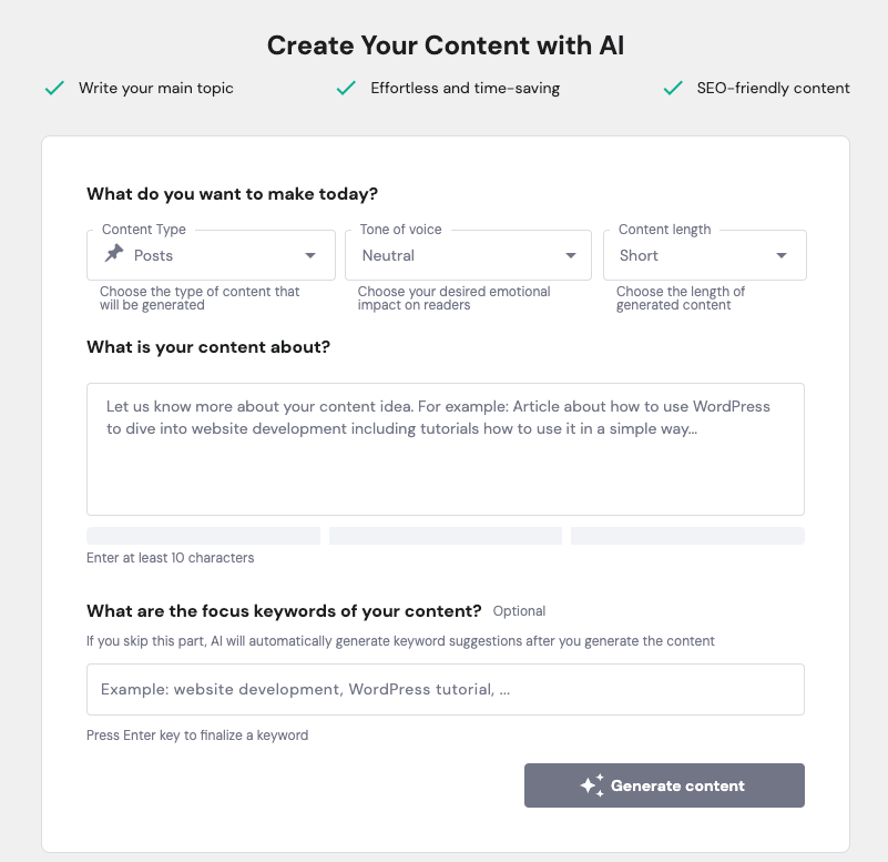 Hostinger Blog Theme's AI Content Creator