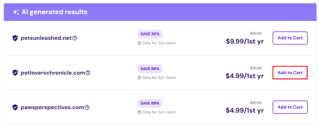 Hostinger's Domain Name Search page, highlighting the option to add a domain to cart