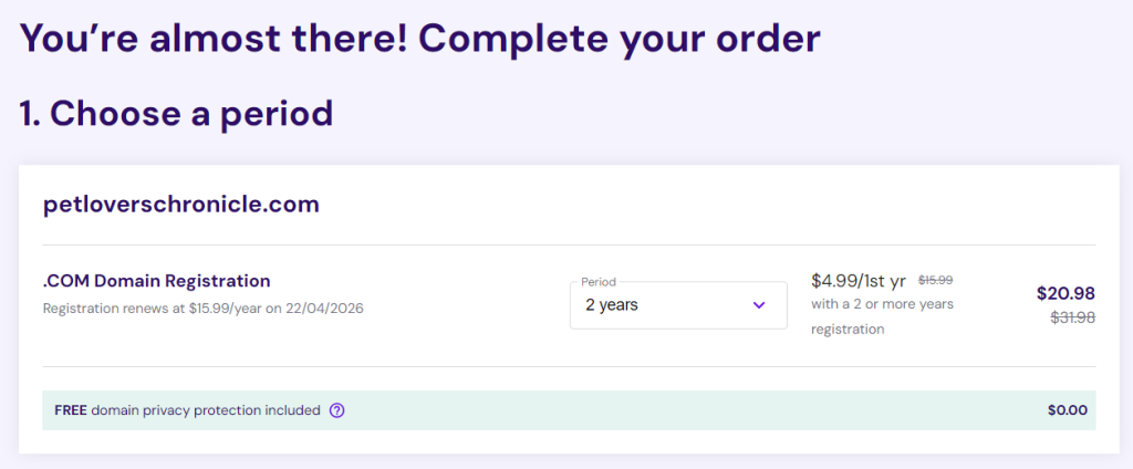 Choosing a registration period in Hostinger's domain checkout page