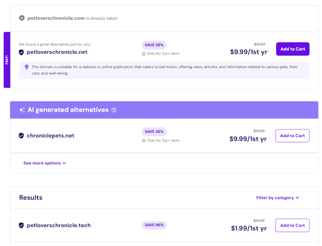 Hostinger's domain name search tool showing different options when the preferred one is taken