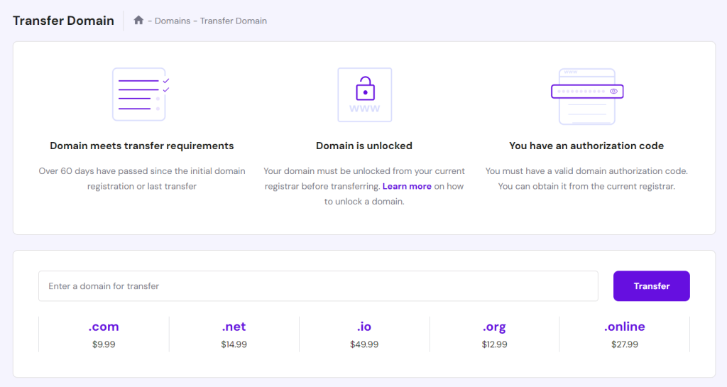 Buying domain transfer service on Hostinger