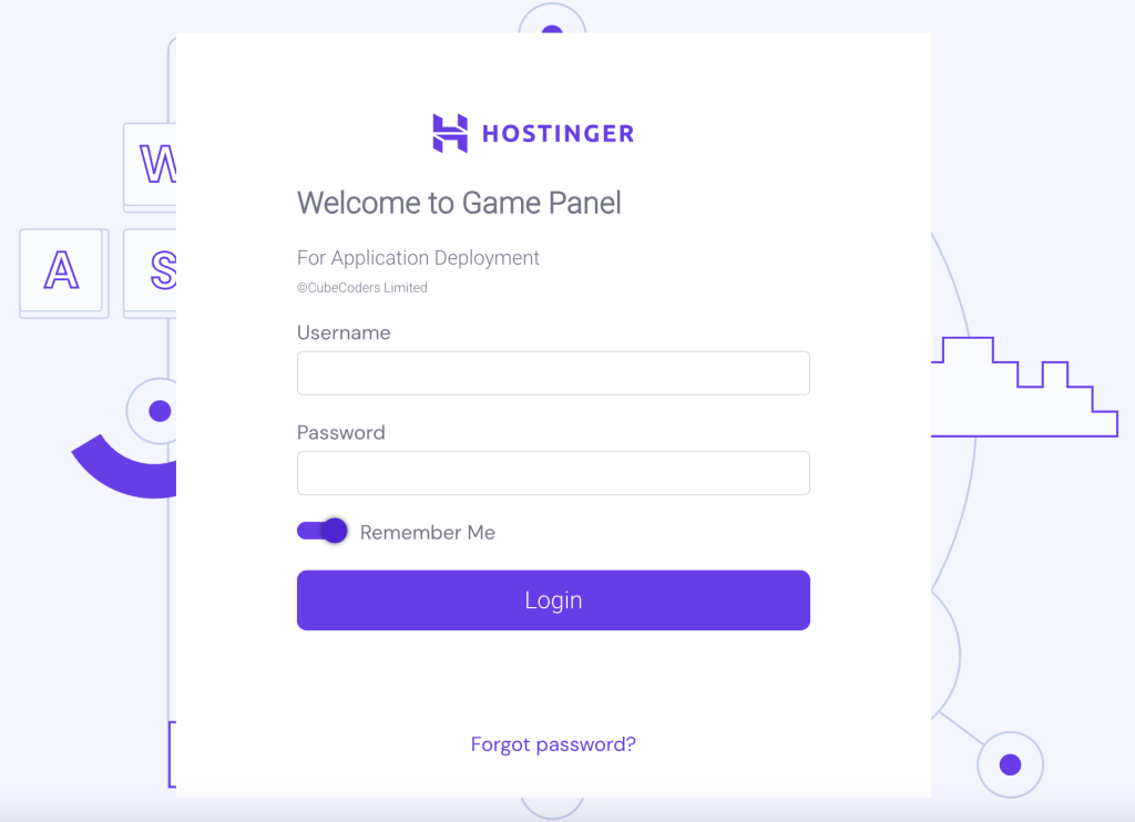 Hostinger Game Panel login screen