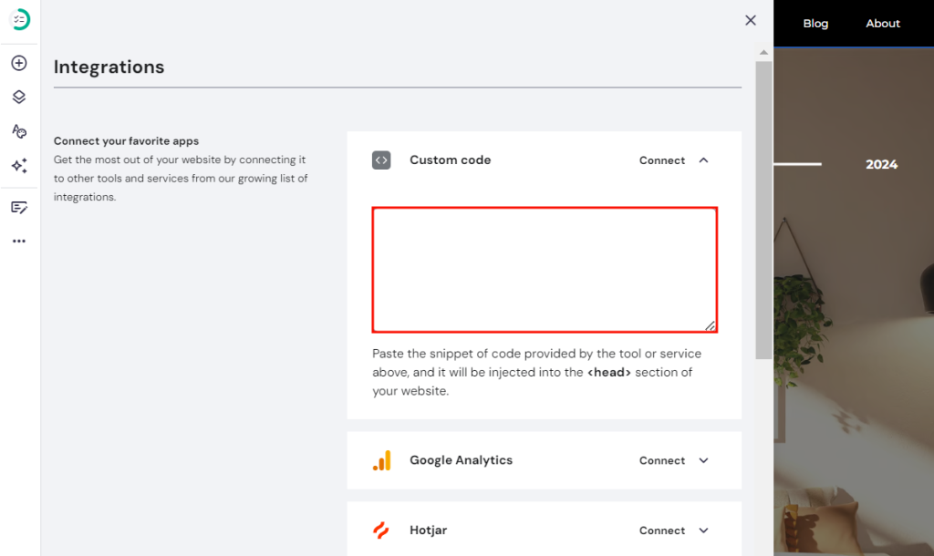 Hostinger Website Builder's Custom code field under Integrations