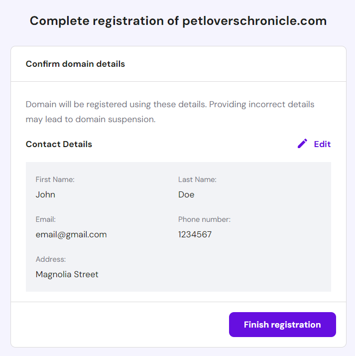 Domain details, allowing user to change contact details before registering the domain