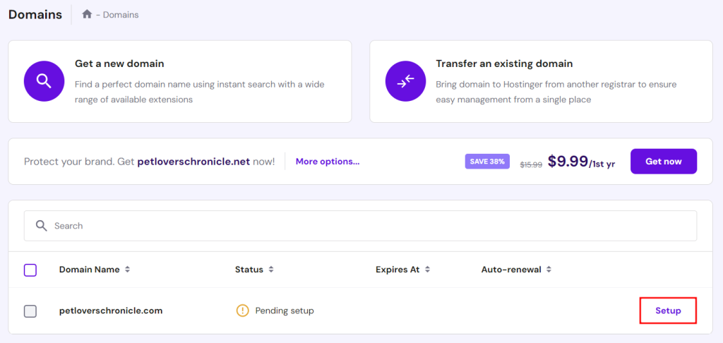 Hostinger Domains page, highlighting the option to finish a domain's setup process