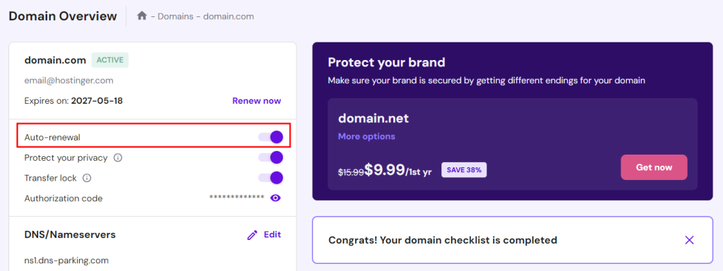 Enabling domains auto-renewal in hPanel