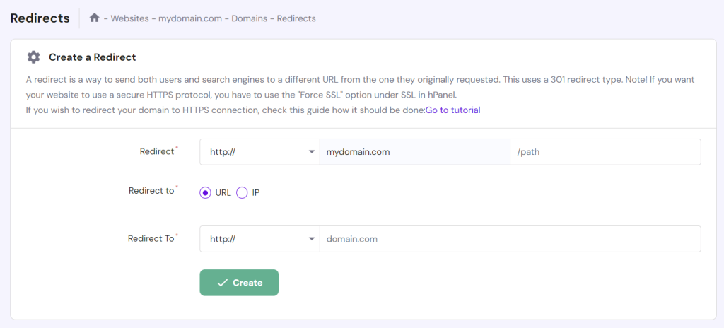 Domain redirect configuration page in hPanel