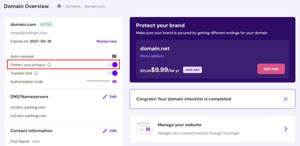 WHOIS domain lookup in hPanel