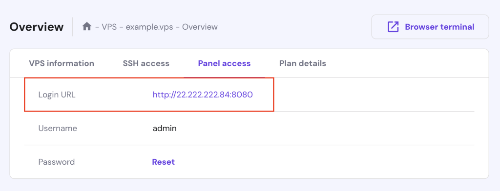 The VPS "Overview" dashboard for "Panel access" on hPanel