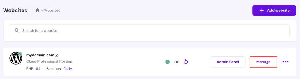 Websites section in hPanel, highlighting the option to manage a specific website