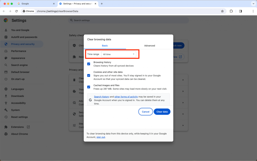 Time range highlighted in the clear browsing data site settings