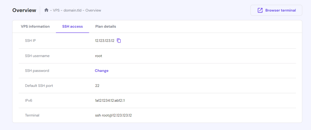 SSH access tab in hPanel VPS overview menu