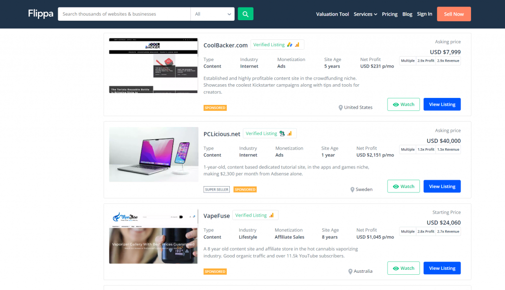 A list of websites for sale on Flippa.