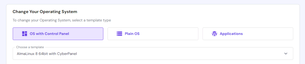 The AlmaLinux with Cyberpanel template in hPanel