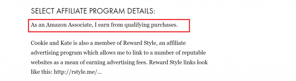 An Amazon affiliate disclosure example by Cookie and Kate.