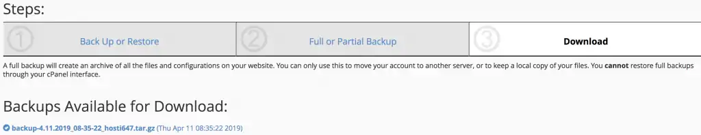 backup download link generated