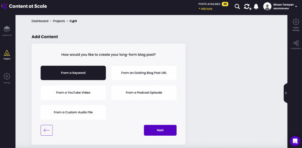 Content at Scale dashboard