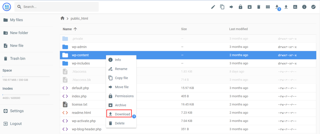 Downloading the wp-content folder via Hostinger File Manager