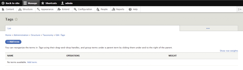 Screenshot from the Drupal dashboard showing the tags page