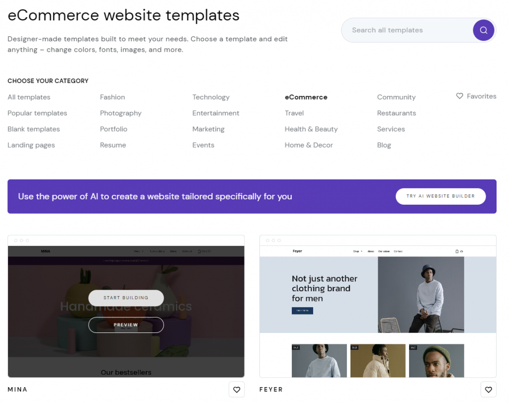 The eCommerce website templates page on Hostinger Website Builder