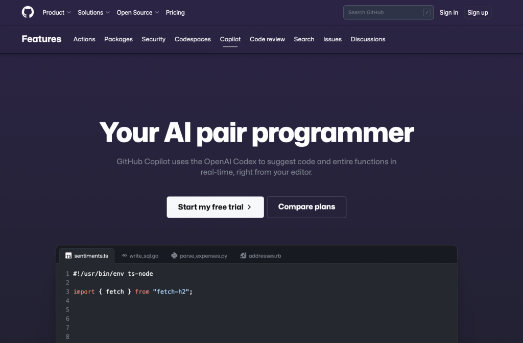 GitHub Copilot landing page