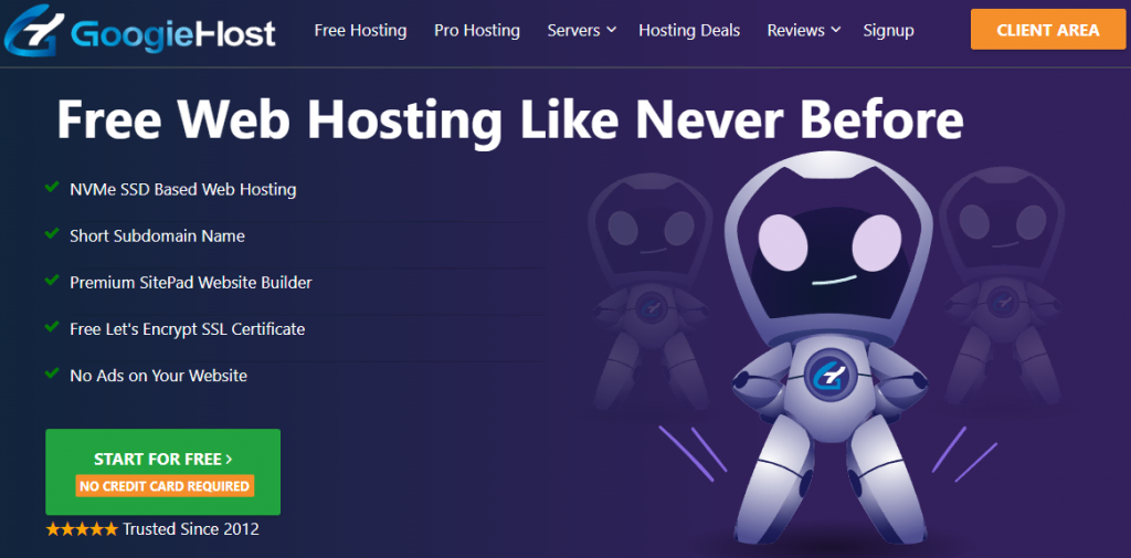 GoogieHost's, a feature-rich best free website hosting, landing page