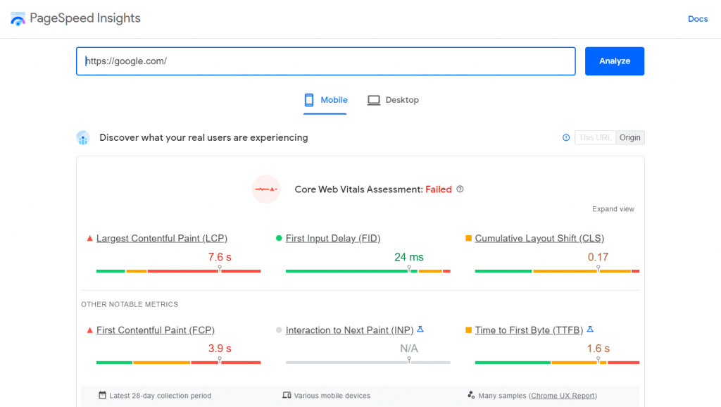 Website performance analysis with Google PageSpeed Insights