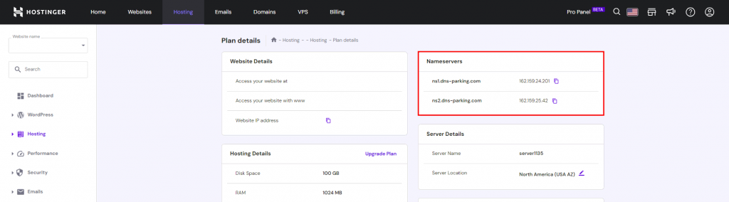 Hostinger Plan Details page highlighting the nameservers section