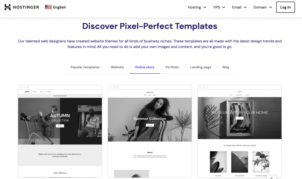 Hostinger website builder template section on the landing page