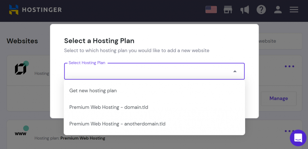 The domain selection menu in the Hostinger website creation menu