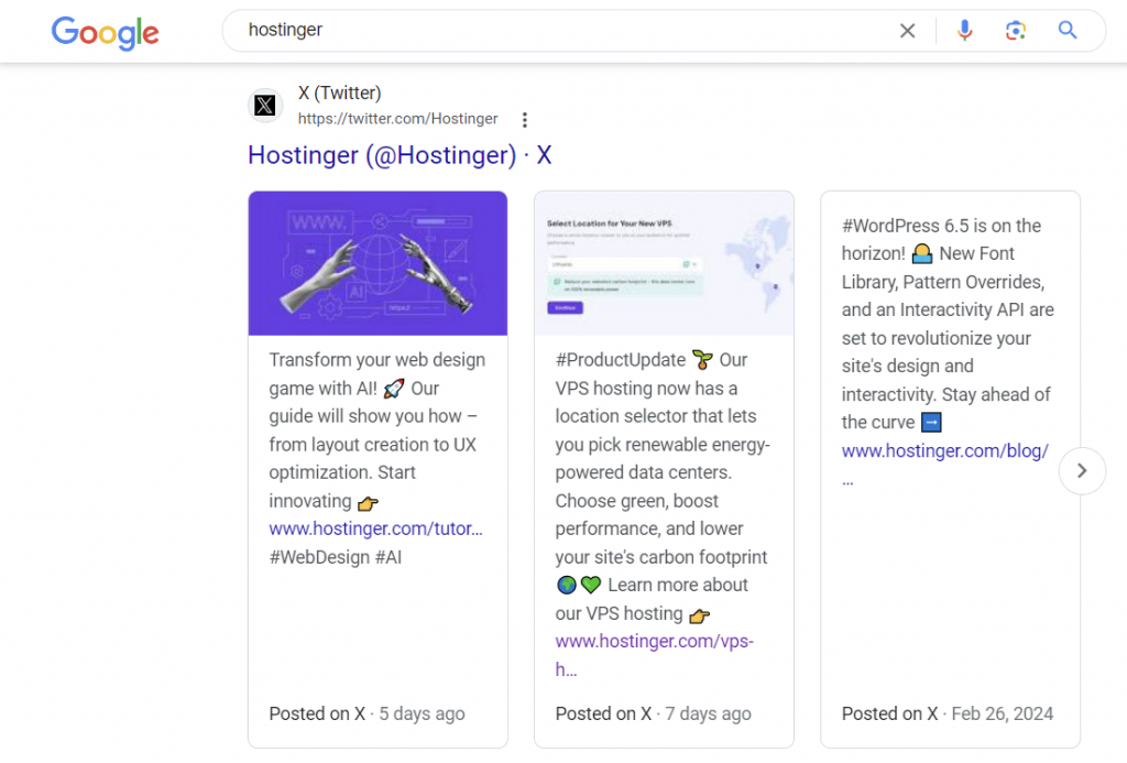 Hostinger X posts showed on SERPs
