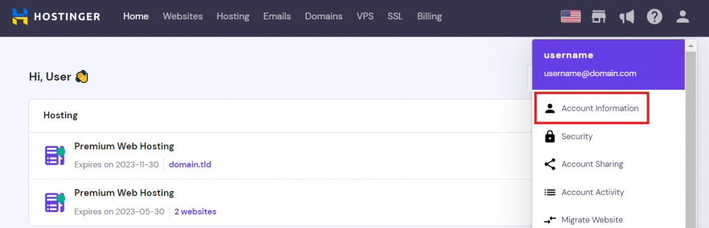 The Account Information menu in hPanel