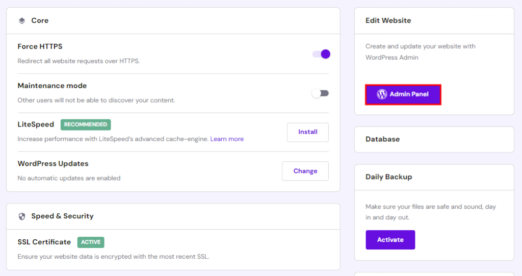 The interface of hPanel dashboard, highlighting the button to access WordPress admin dashboard