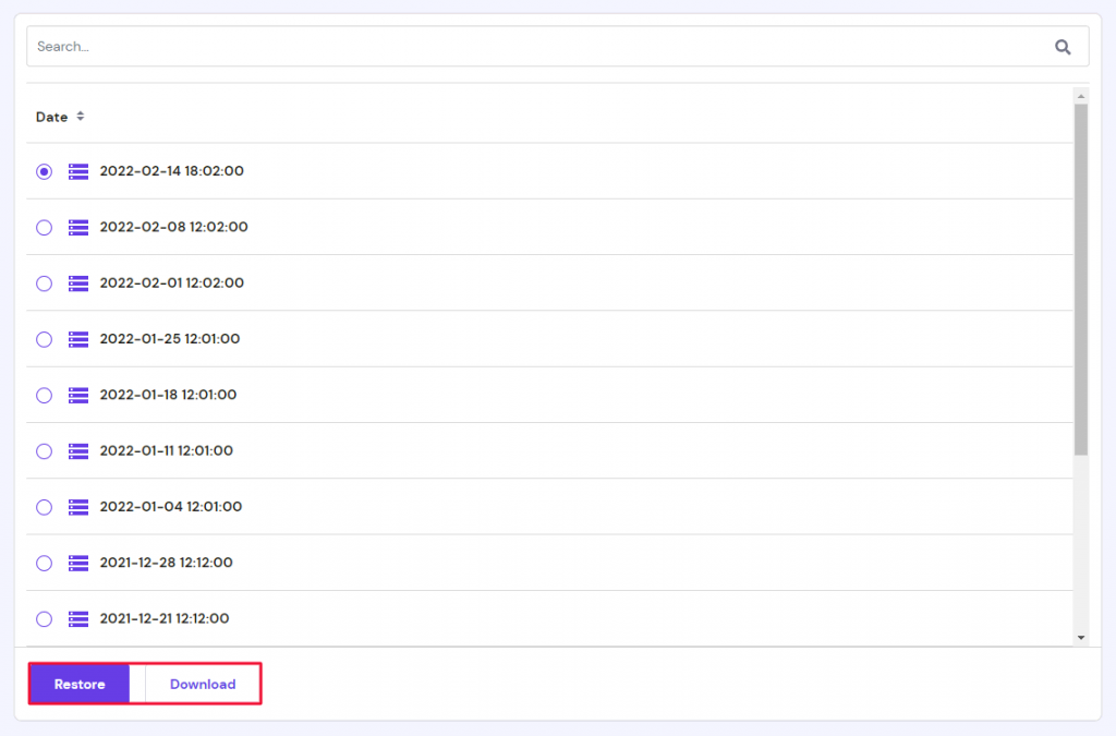 The Restore and Download buttons in the Database backups section of hPanel