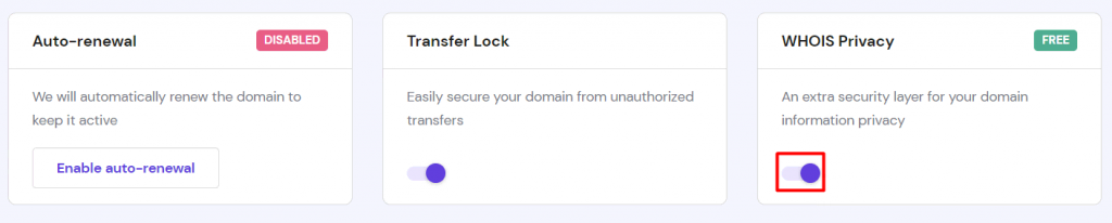 The WHOIS Privacy section on hPanel