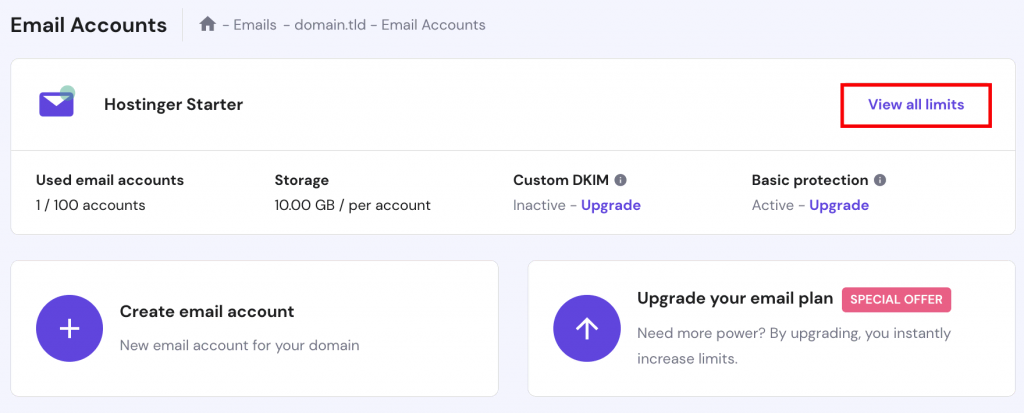 Viewing the Email plan details on hPanel