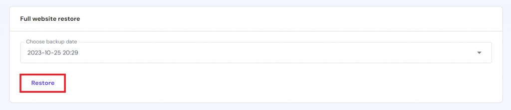 The Restore button in the Full website restore section of hPanel
