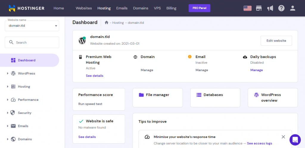 hPanel's hosting plan management front page