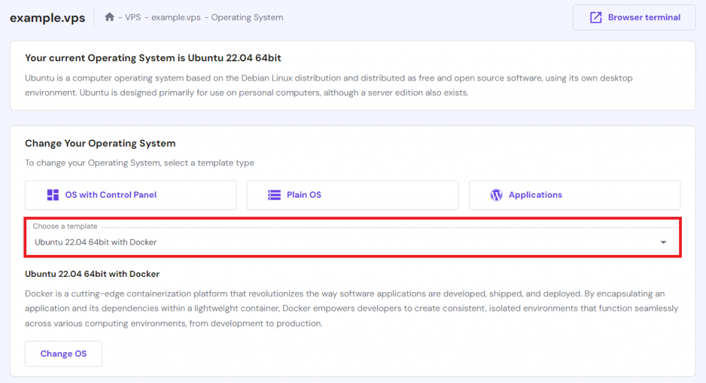 Selecting the Ubuntu 22.04 with Docker template on the VPS dashboard