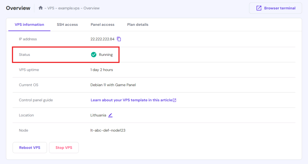 Ensuring the VPS status is running on hPanel's VPS dashboard