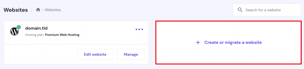The Websites page on hPanel. Create or migrate a website button is highlighted