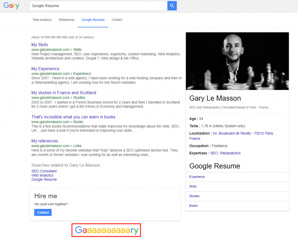 Gary Le Masson's resume page, inspired by Google search results
