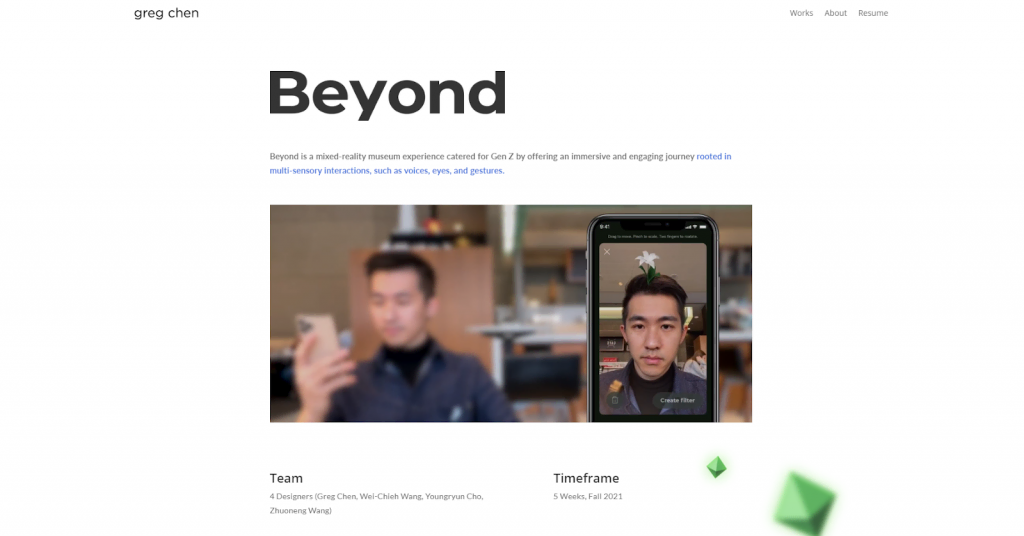 A project page on Greg Chen's portfolio showing the project video and description