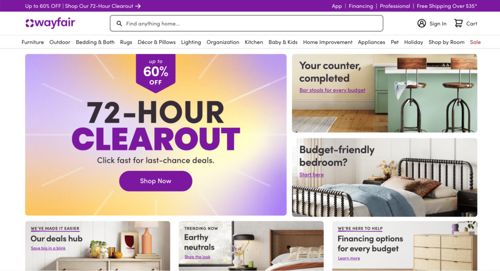 Wayfair landing page