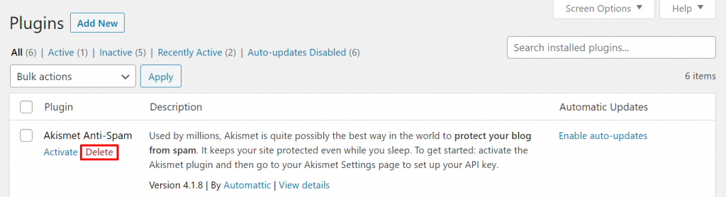 A screenshot showing how to delete wordpress plugins