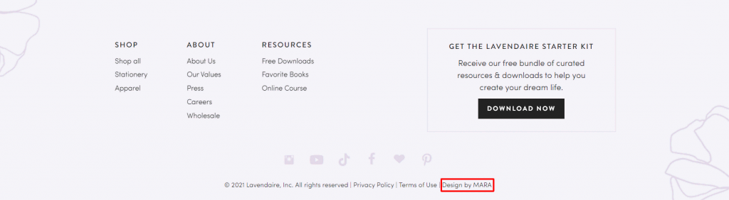 Lavendaire website footer highlighting the design agency she works with, MARA