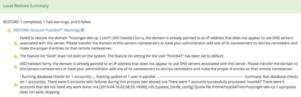 local summary for the backup restoration